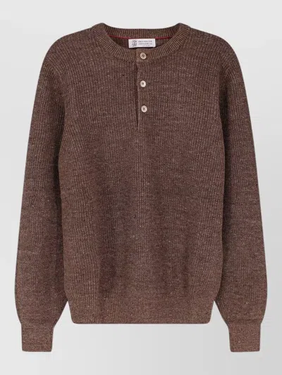 Brunello Cucinelli Linen Cotton Sweater Long Sleeve Crewneck In Brown