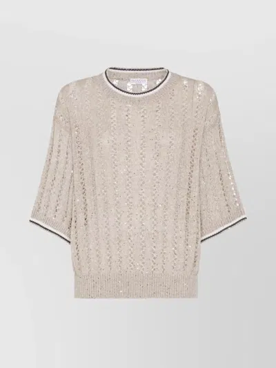 BRUNELLO CUCINELLI LINEN CREWNECK TOP WITH CONTRAST TRIM