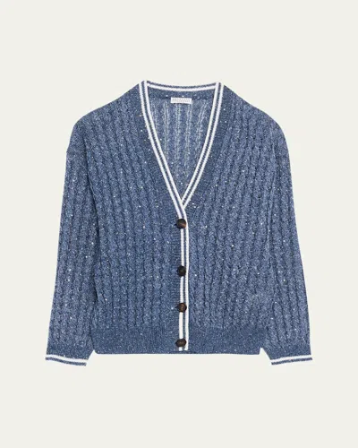 Brunello Cucinelli Linen Dazzling Cable Open-knit V-neck Cardigan In Blue