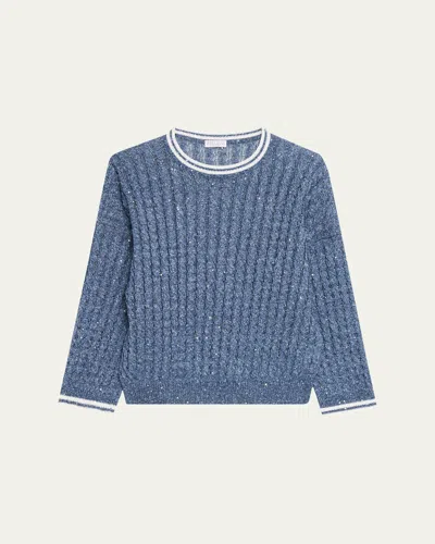 Brunello Cucinelli Linen Dazzling Cable Openwork Knit Crewneck Sweater In Blue