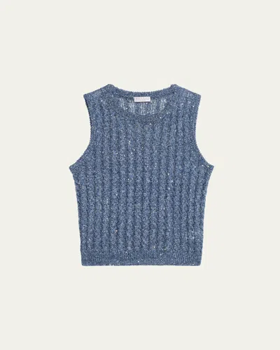 Brunello Cucinelli Linen Dazzling Cable Openwork Knit Tank Top In Blue