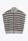 Brunello Cucinelli Beige Cardigan With High Neck And All-over Striped Motif In Gray