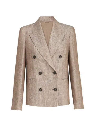 Brunello Cucinelli Linen Denim Blazer With Monili In Brown