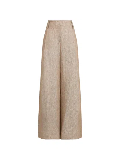 Brunello Cucinelli Linen Denim Pleated A-line Trousers With Monili In Neutral