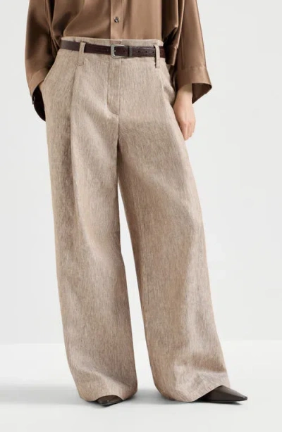 Brunello Cucinelli Linen Denim Pleated A-line Trousers With Monili In Brown
