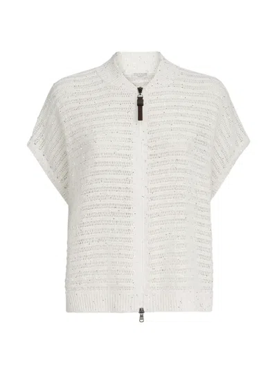 Brunello Cucinelli Linen Diamond Yarn Cardigan With Openwork Stripes And Shiny Zipper Pull In White
