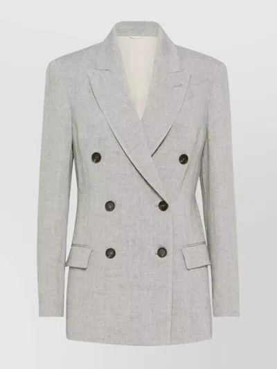 Brunello Cucinelli Linen Double-breasted Jacket Structured Shoulders In Gray