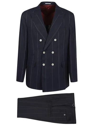 Brunello Cucinelli Linen Double-breasted Suit In Blue