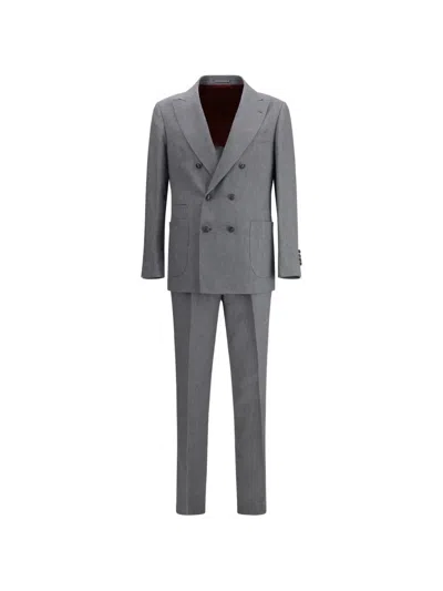 Brunello Cucinelli Linen Double-breasted Suit In Gray