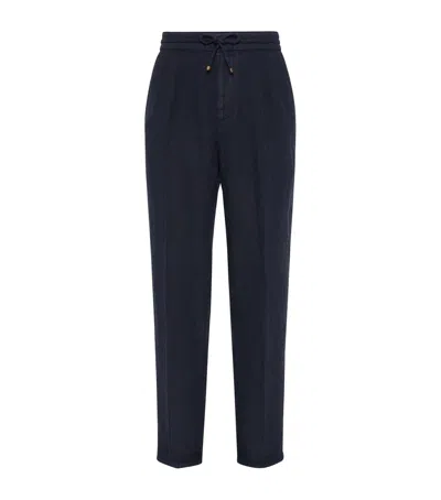 Brunello Cucinelli Linen Drawstring Leisure Trousers In Blue