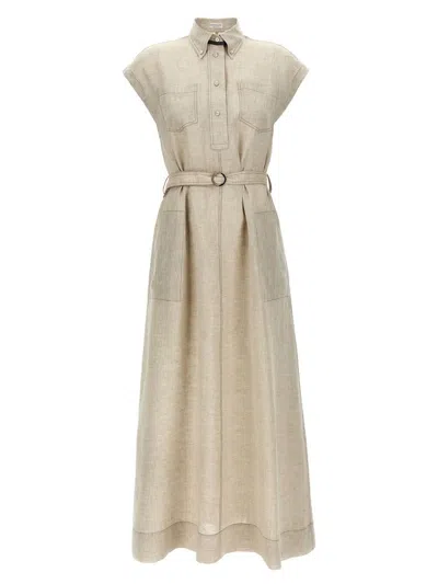 Brunello Cucinelli Linen Dress With Belted Waist And Pockets In Beige