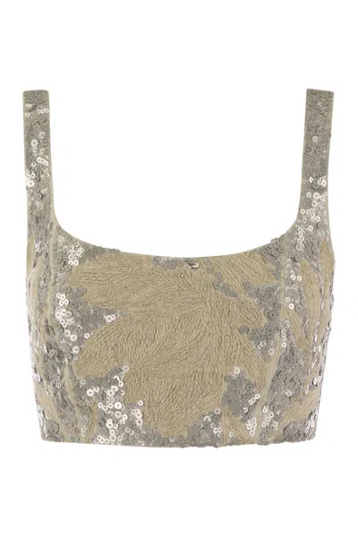 BRUNELLO CUCINELLI LINEN EMBROIDERED CROP TOP WITH FLORAL DESIGN