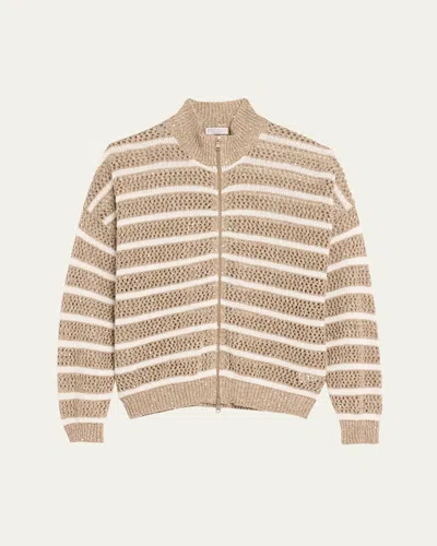Brunello Cucinelli Linen French Riveria Paillette Knit Zip-up Cardigan In Nutshell