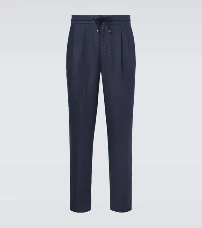 Brunello Cucinelli Linen Gabardine Tapered Pants In Blue