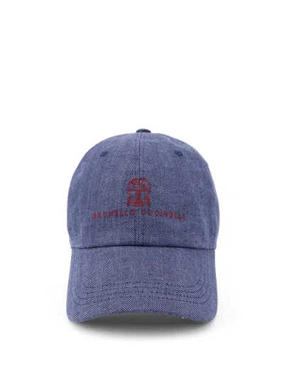 Brunello Cucinelli Linen Hat With Frontal Logo In Blue