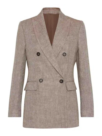 Brunello Cucinelli Herringbone Linen Blazer In Tabacco