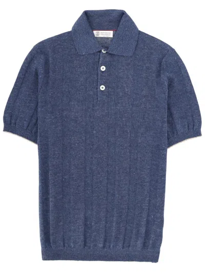 Brunello Cucinelli Linen Knit Polo Shirt In Linen-cotton Blend In Blue