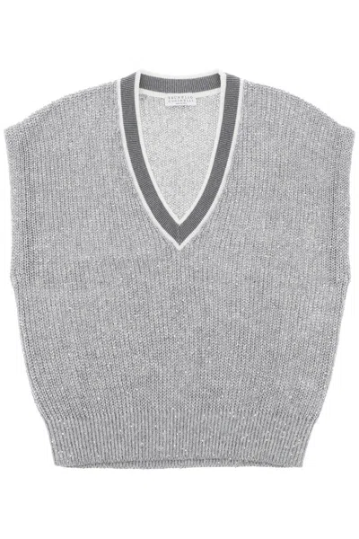 Brunello Cucinelli Sequin-embellished V-neck Vest In Grey