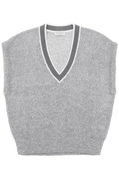 Brunello Cucinelli Linen Knit Top For Women In Grey