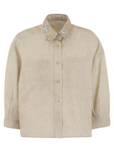 Brunello Cucinelli Linen Linen Shirt With Dazzling Magnolia Collar In Neutrals