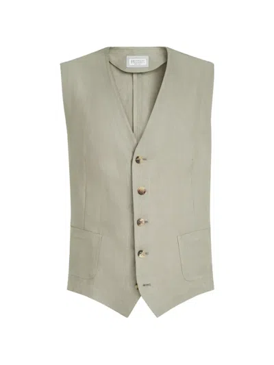 Brunello Cucinelli Linen Micro Chevron Waistcoat In Gray
