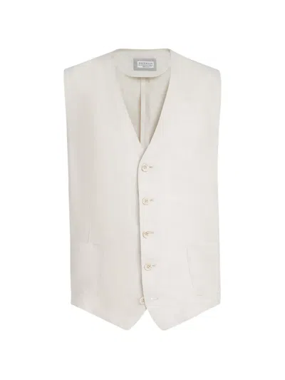 Brunello Cucinelli Linen Micro Chevron Waistcoat In White
