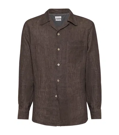 Brunello Cucinelli Linen Notched-colar Shirt In Brown