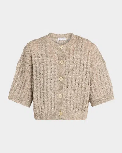 Brunello Cucinelli Linen Pailette Charming Cable Scoop-neck Tank Top In Brown