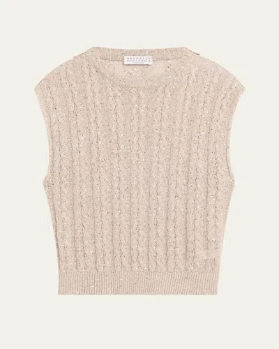 Brunello Cucinelli Linen Paillette Cable-knit Sleeveless Sweater In Beige Freddo