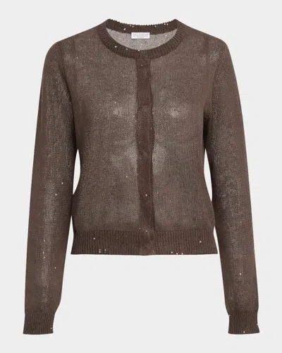 Brunello Cucinelli Linen Paillette Crewneck Cardigan In Brown