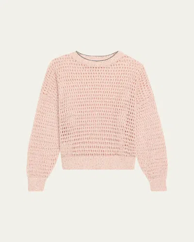 BRUNELLO CUCINELLI LINEN PAILLETTE OPEN KNIT CREWNECK SWEATER