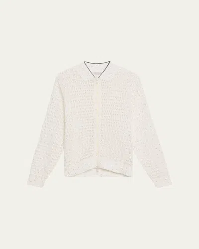 Brunello Cucinelli Linen Paillettes Openwork Net Stitched Cardigan In White