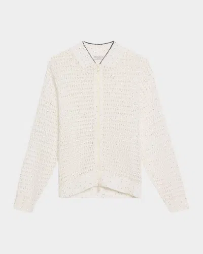 BRUNELLO CUCINELLI LINEN PAILLETTES OPENWORK NET STITCHED CARDIGAN
