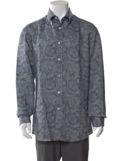 Pre-owned Brunello Cucinelli Linen Paisley Print Shirt W/ Tags In Blue