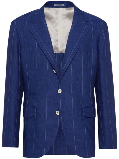 Brunello Cucinelli Linen Pinstriped Blazer Jacket In Navy