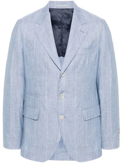Brunello Cucinelli Linen Pinstriped Blazer Jacket In Blue