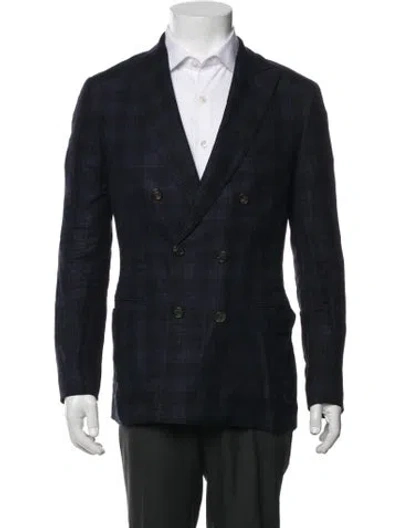 Pre-owned Brunello Cucinelli Linen Plaid Print Blazer In Blue