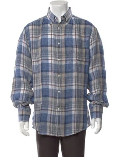 Pre-owned Brunello Cucinelli Linen Plaid Print Shirt In Blue