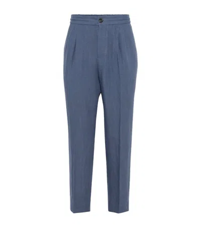 Brunello Cucinelli Linen Pleated Slim Trousers In Blue
