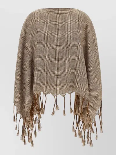 Brunello Cucinelli Linen Poncho Checked Pattern Draped Tassels In Brown