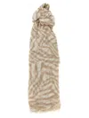 Brunello Cucinelli Animal Print Linen Scarf With Frayed Edges In Multicolor
