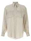 Brunello Cucinelli Beige Shirt With Chest Pockets And Monile Decorations In Linen Woman In Neutral