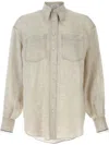 Brunello Cucinelli Beige Shirt With Chest Pockets And Monile Decorations In Linen Woman In Neutral