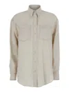 Brunello Cucinelli Beige Shirt With Chest Pockets And Monile Decorations In Linen Woman In Neutral
