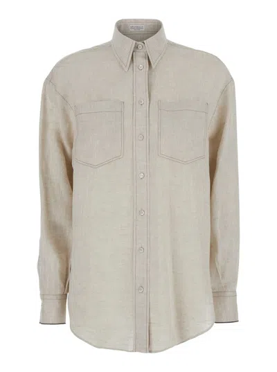 BRUNELLO CUCINELLI BEIGE SHIRT WITH CHEST POCKETS AND MONILE DECORATIONS IN LINEN WOMAN