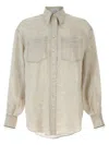 Brunello Cucinelli Beige Shirt With Chest Pockets And Monile Decorations In Linen Woman In Neutral