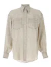 Brunello Cucinelli Beige Shirt With Chest Pockets And Monile Decorations In Linen Woman In Neutral