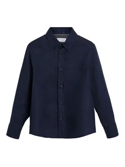 Brunello Cucinelli Kids' Linen Shirt In Blue