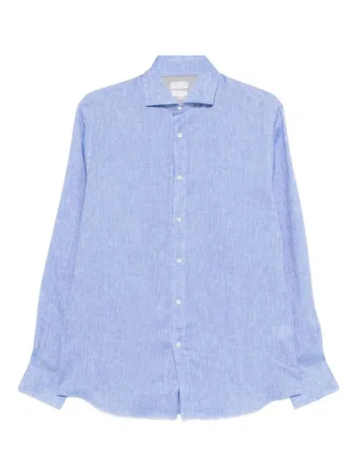 Brunello Cucinelli Men Linen Shirt In Blue