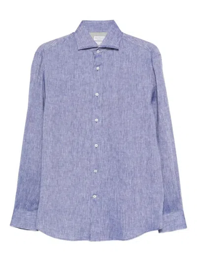 Brunello Cucinelli Men Linen Shirt In Blue